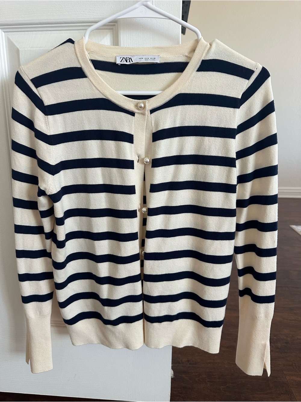 ZARA Cream Navy Striped Pearl Button Knit Cardigan M